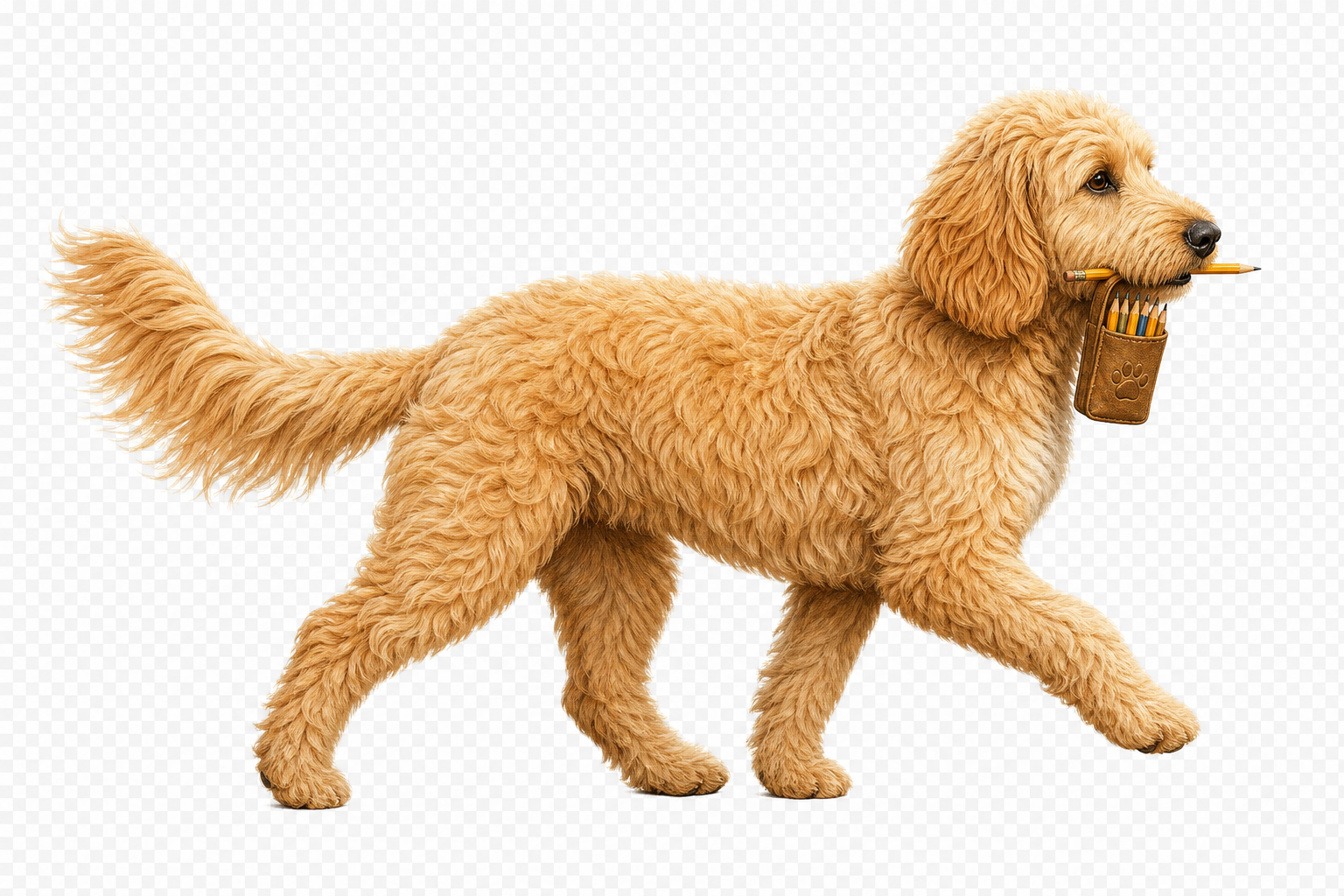 Golden doodle walking with drawing pencils